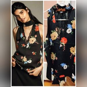 Anthropologie: NWT Silky Floral Halter Tank – Black Multi – Size L